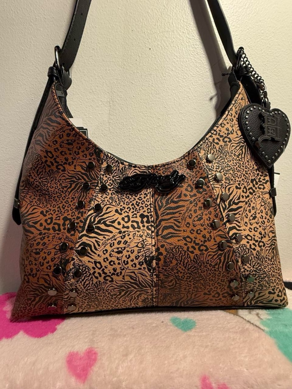 Ed Hardy Leopard Print Hobo Bag with Studs and Charm